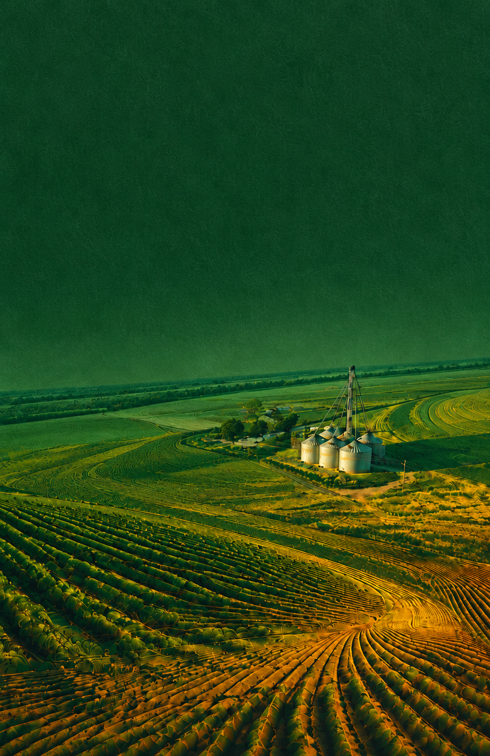 Estampa fotográfica oficial de Gravenca: vista aérea tratada de campo y silos