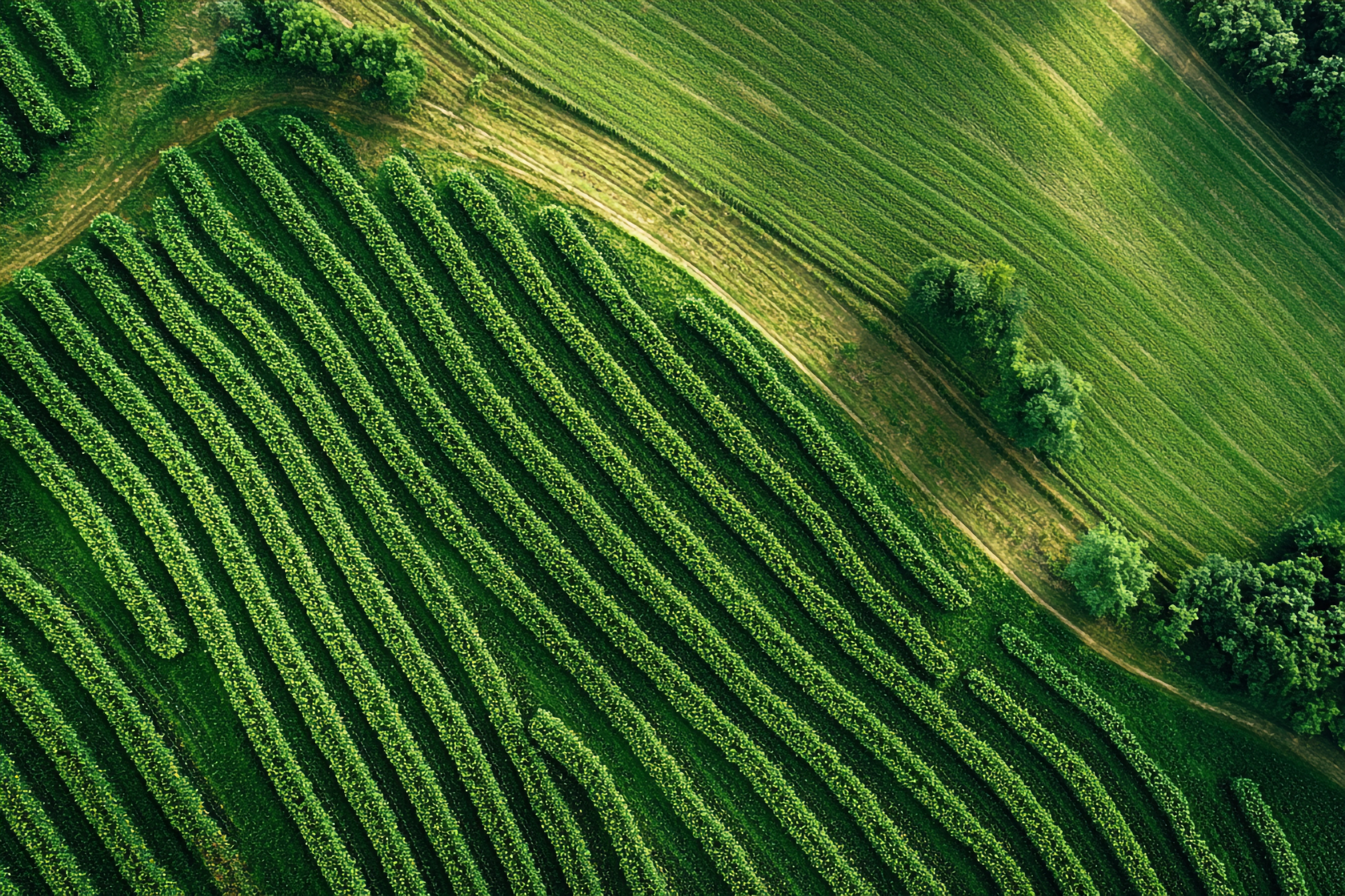 Vista aérea de surcos de cultivo en verde